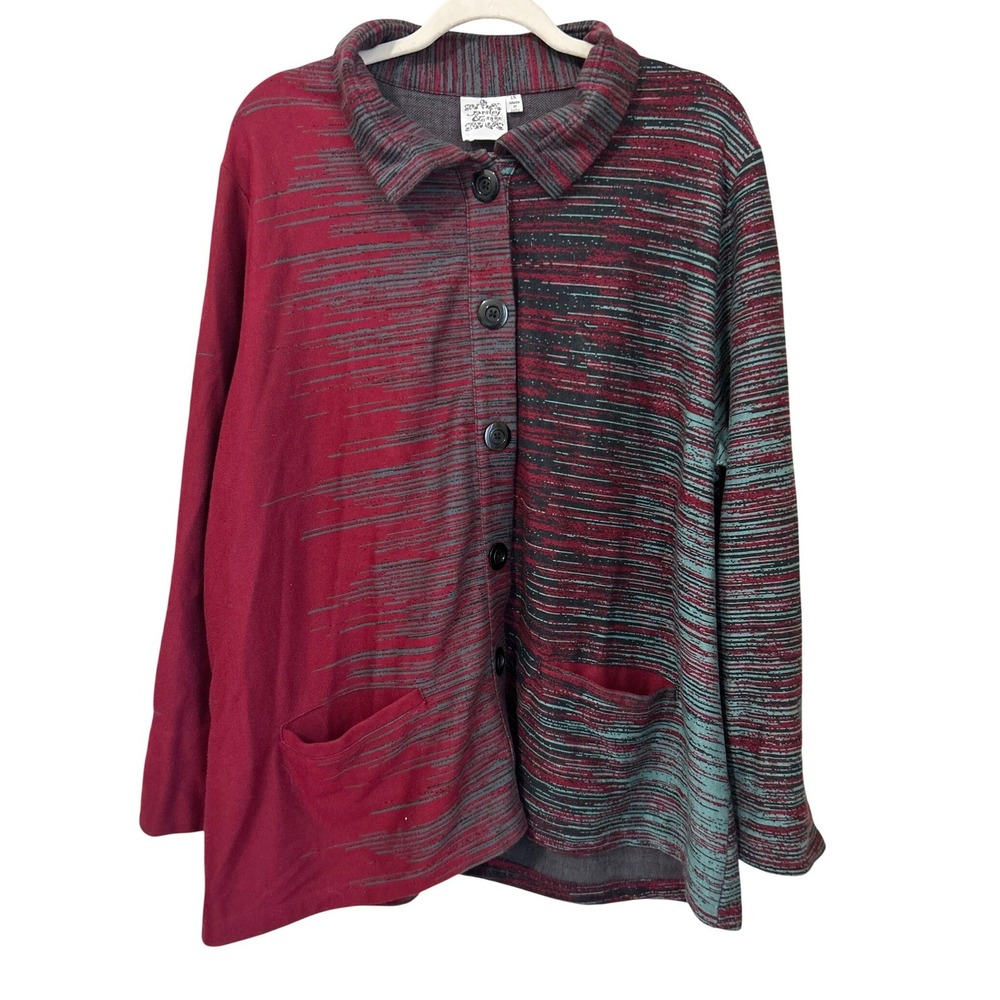 Paisley & Sage Womens 2X Red Teal Gray Artsy Abstract Knit Cardigan‎ Jacket